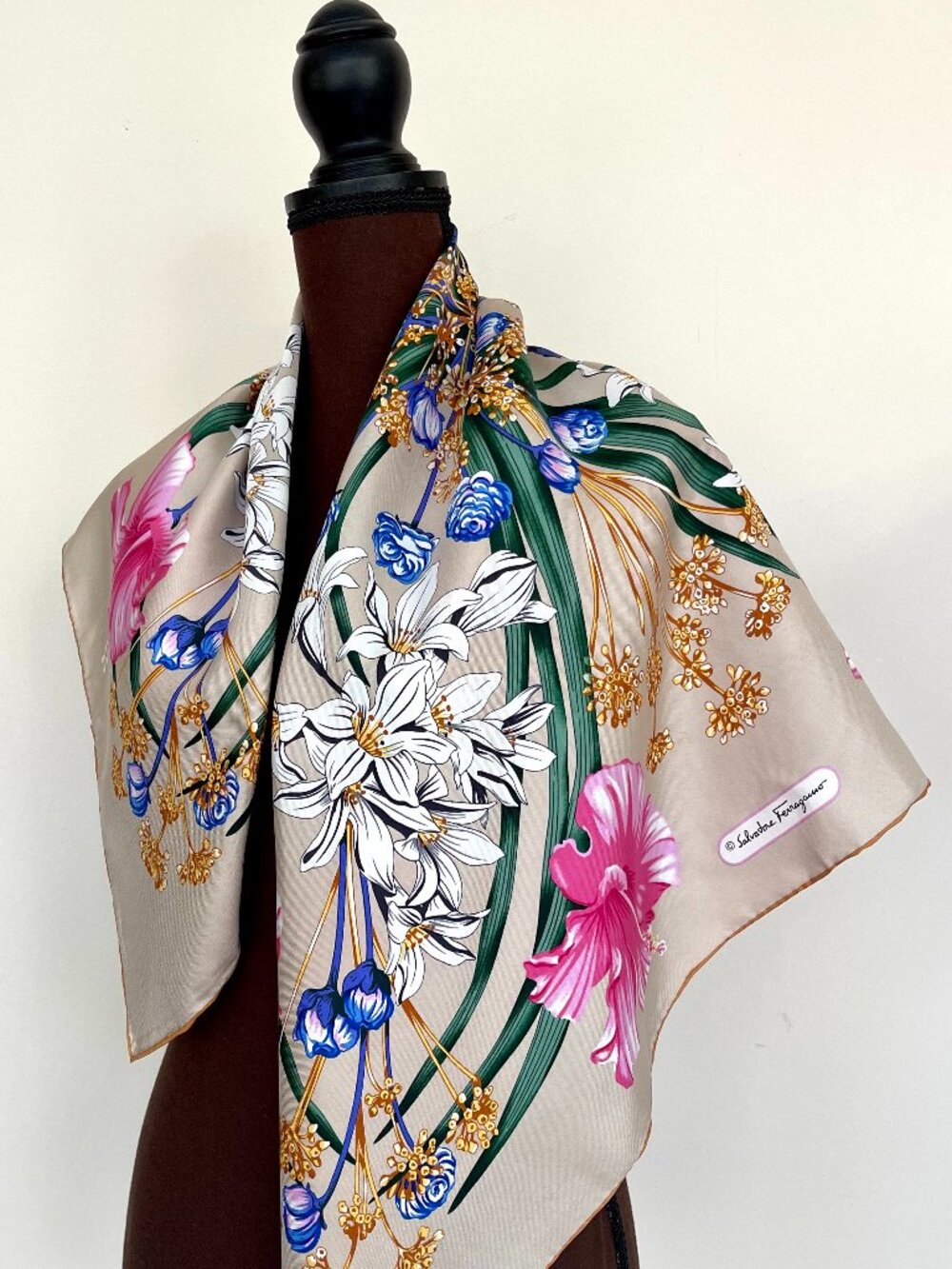 Display #4 Salvatore Ferragamo Pink Floral Silk Scarf with Gold Accents - Picture 5 of 12